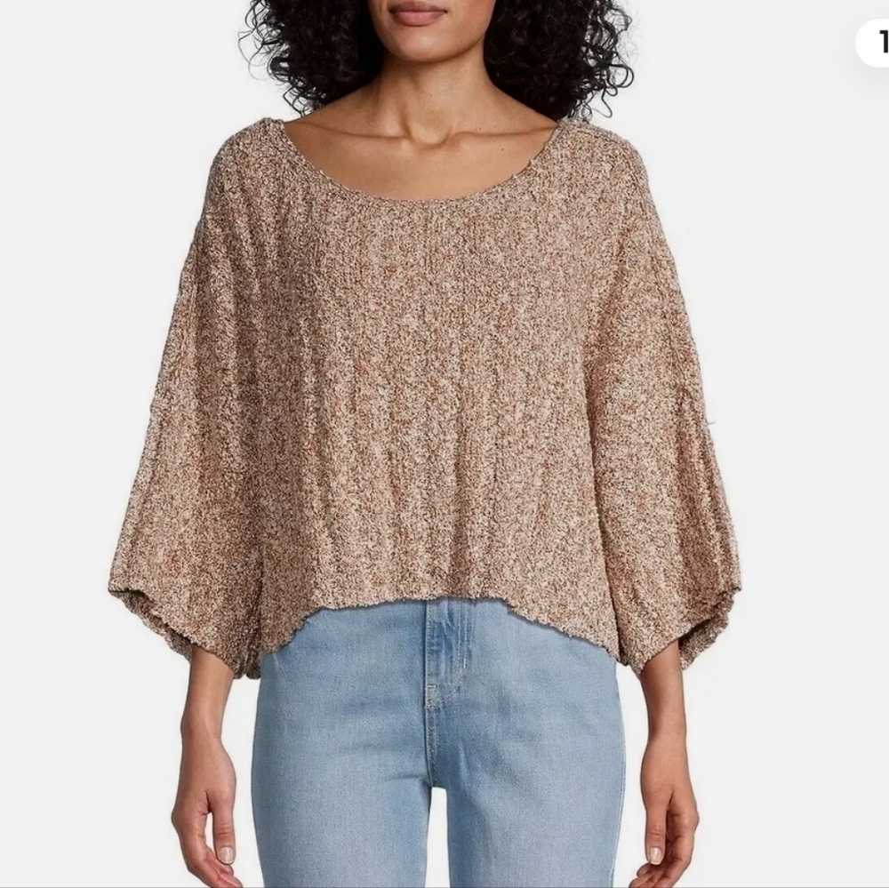 Free People Good Day Cropped Sweater Small Brown Ribbed Half Sleeve Wool Blend